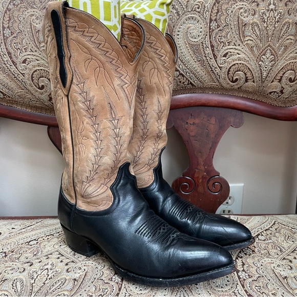 VTG Larry Mahan El Paso Brown Black Leather Western Cowboy Boots Pull On Sz 9.5 - Picture 4 of 11